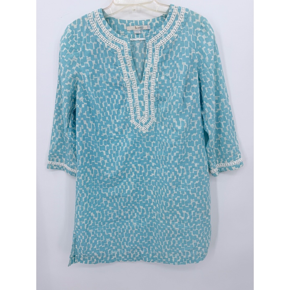 Boden Tunic Dress Womens 6 Blue Geometric Cotton Embroidered Split Neck Resort